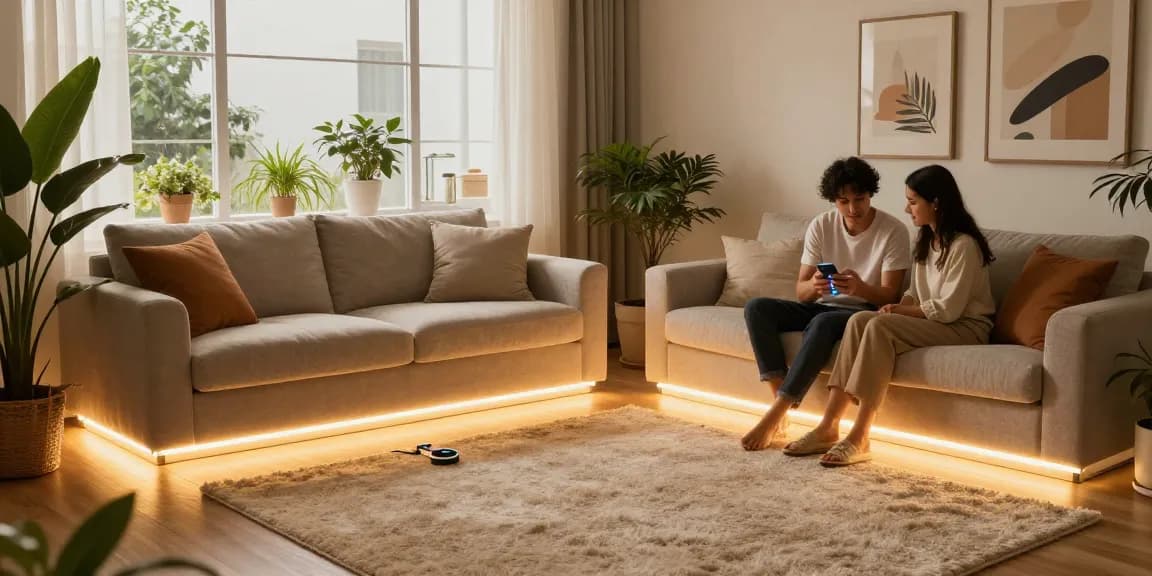 Benzi LED care iluminează un living modern, cu un cuplu ajustând culorile pe smartphone.