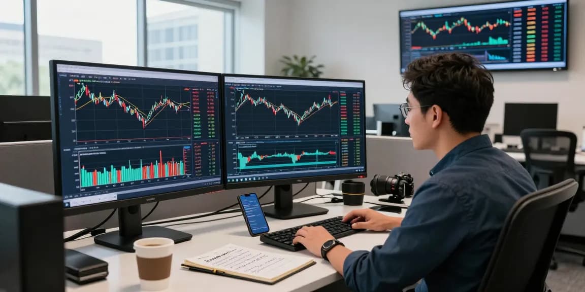 Developer analyzing WTI crude oil futures API data in a modern trading office with multiple screens.