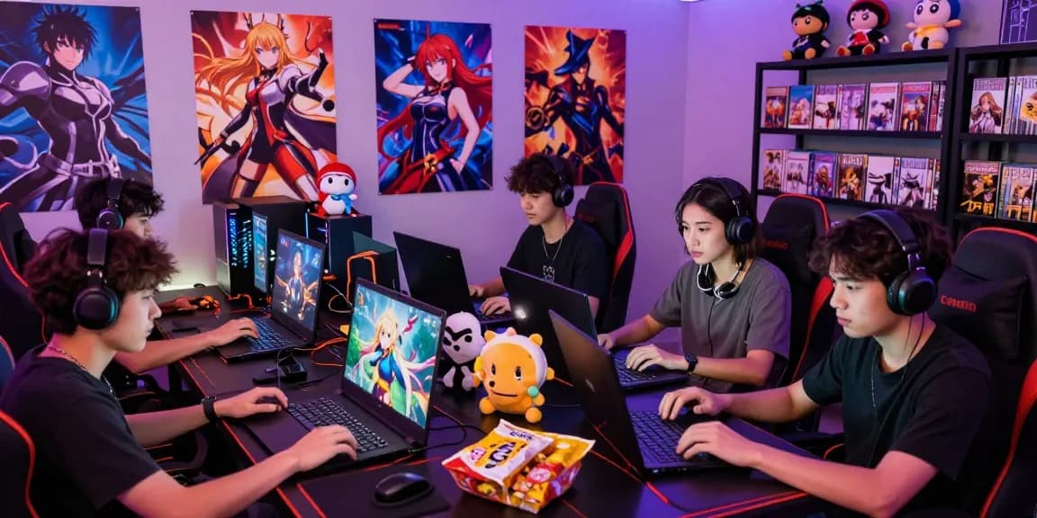 Engaged players enjoying hentai games in a colorful gaming room atmosphere