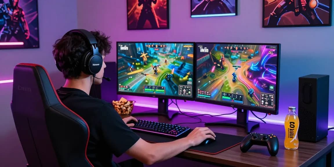 Gamer immersed in iwin games at vibrant online gaming setup.