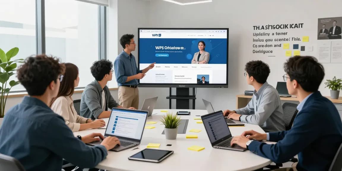 Dynamic collaboration around the WPS Official Website interface in a modern office setting.