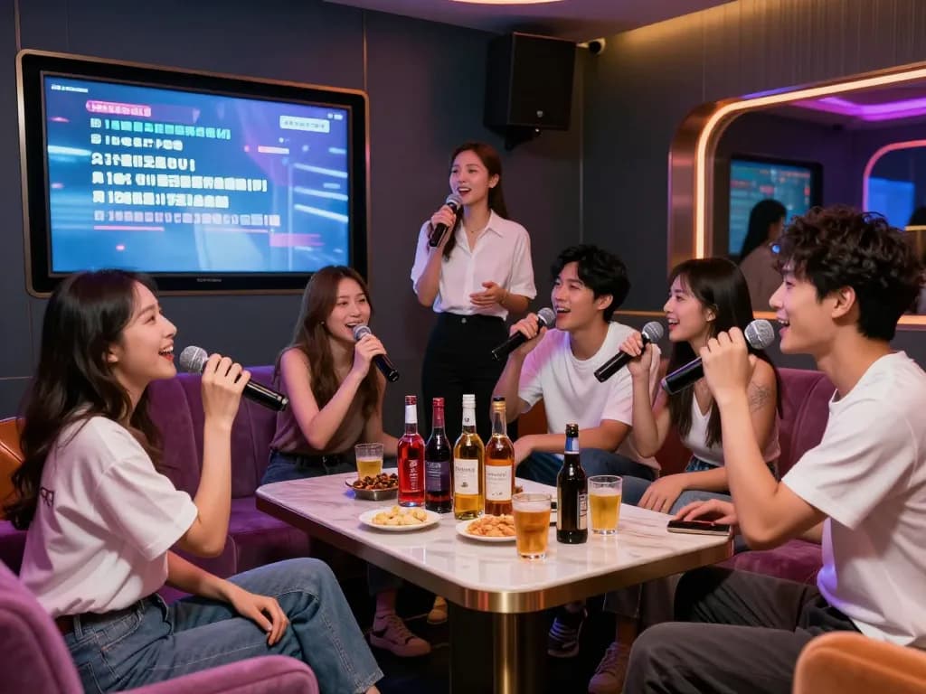 세련된 개인실에서 노래방과 음료를 즐기는 손님들, 활기찬 밤문화를 강조합니다.