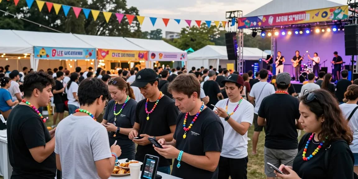 Attendees at a festival using pulseras NFC for events to streamline access and payments while enjoying performances.