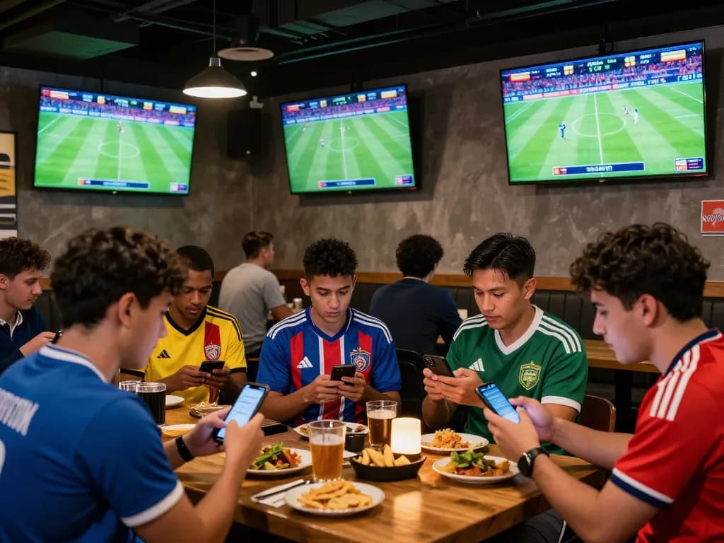 Fans enjoying live soccer scores on NOWGOAL in a vibrant sports bar atmosphere.