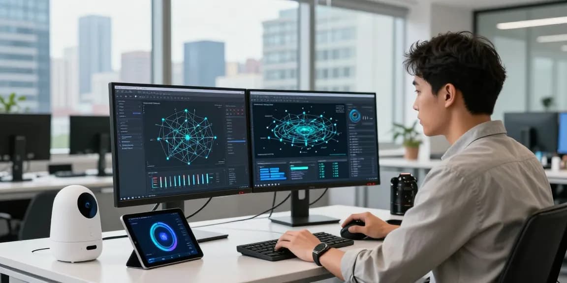 快连 software setup showcasing fast network optimization in a vibrant tech office.