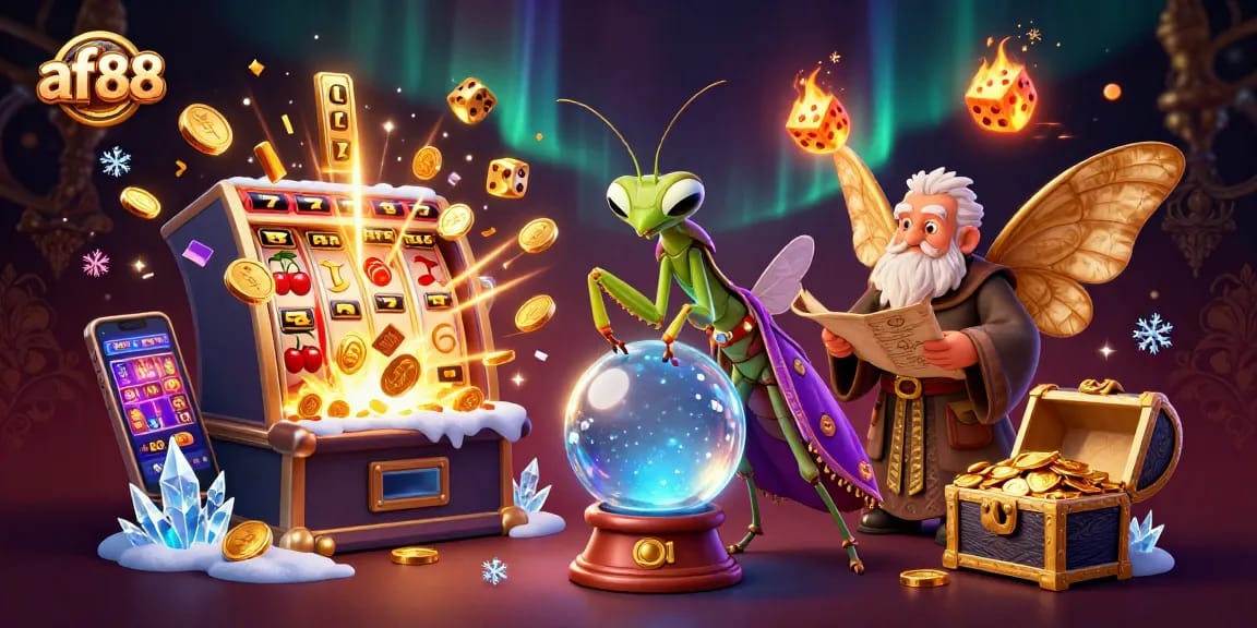 Spin the af88 slots with a dynamic scene of vibrant characters and casino icons in action.
