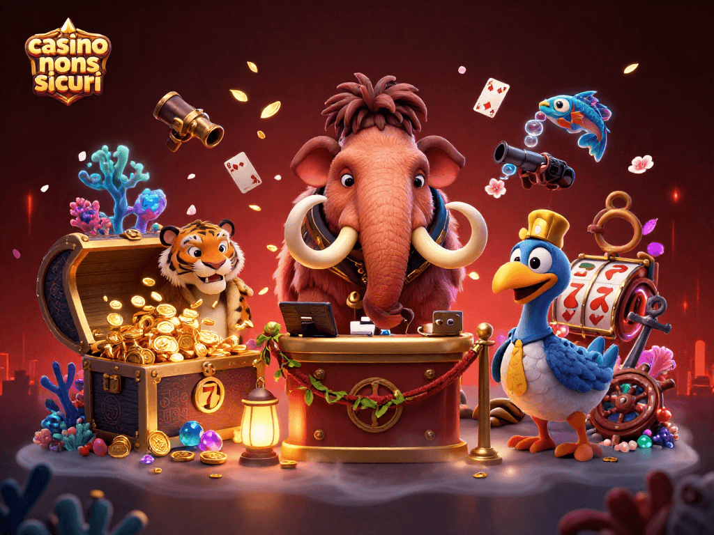 Gioca nei casinò non AAMS sicuri con un mammut bouncer e un tigre VIP in un'illustrazione vivace.