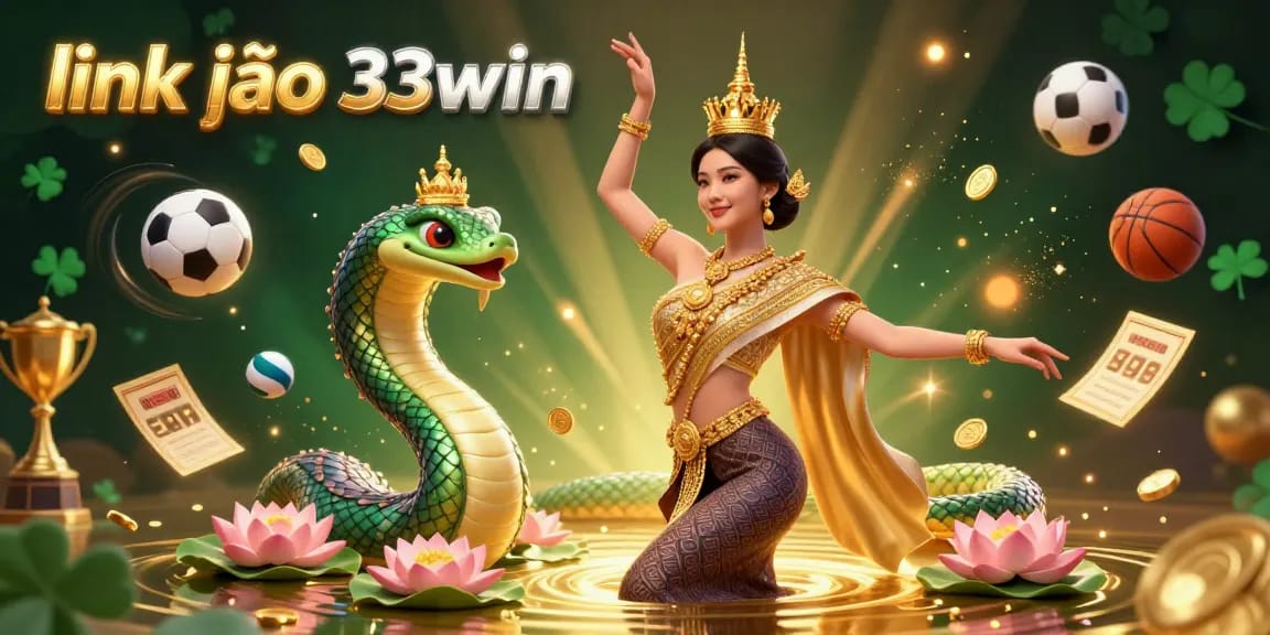 Experience link vào 33win with a vibrant 3D illustration showcasing an Asian woman in traditional attire alongside a Naga serpent, surrounded by dynamic sports elements.