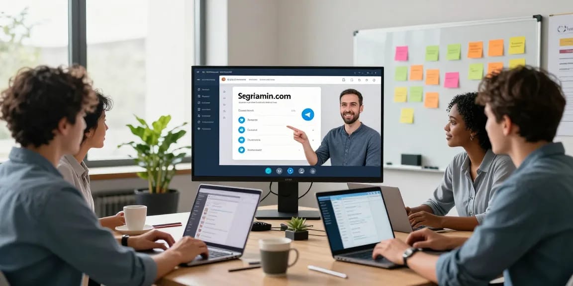 Team collaborating on telegraimin.com platform in modern workspace, showcasing digital communication tools.
