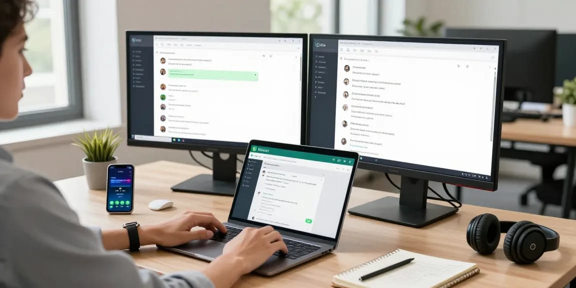 Using WhatsApp網頁版 on dual monitors in a bright tech office