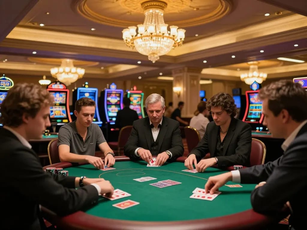 Players engaging at poker tables in the upscale XX88 casino environment, showcasing excitement and luxury