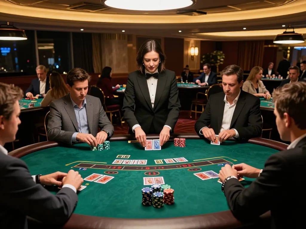 98win players strategizing their blackjack hands at an upscale casino table, vibrant atmosphere and action.