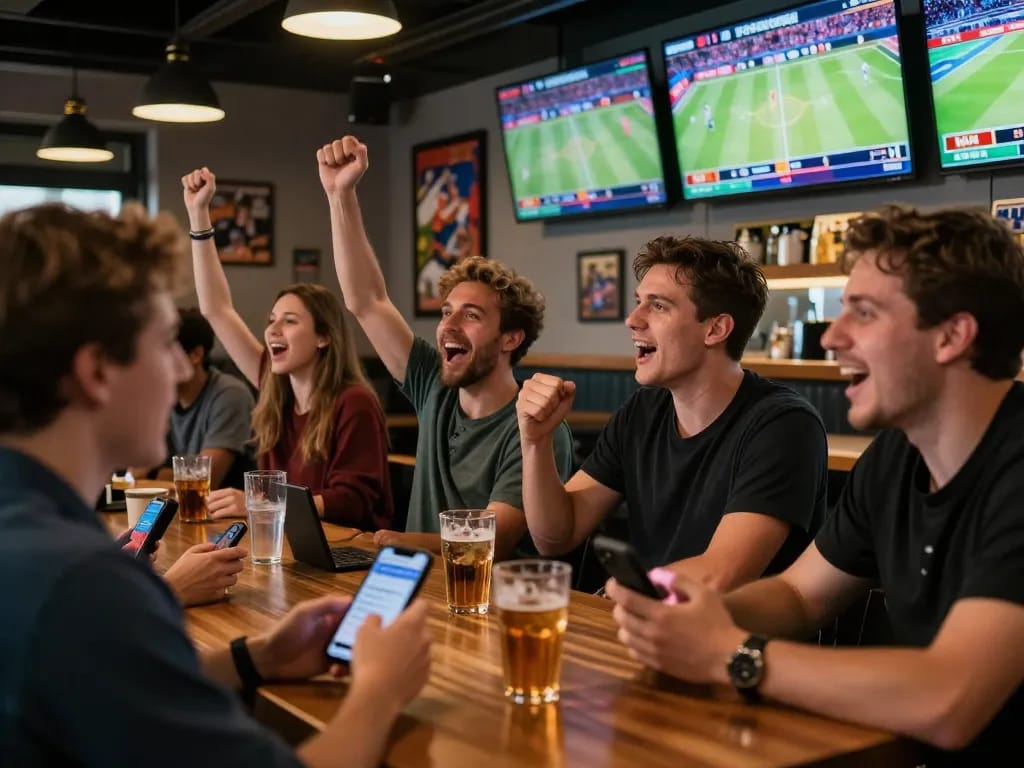 Patrons engaging in sports betting at a lively bar during major games, showcasing keonhacai 88 action.