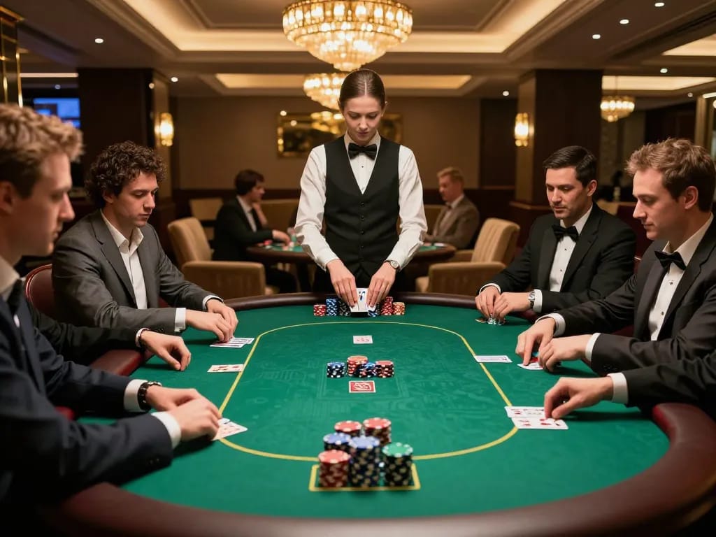 Players engage in an upscale poker game at 789, showcasing strategic gameplay in a luxury casino.