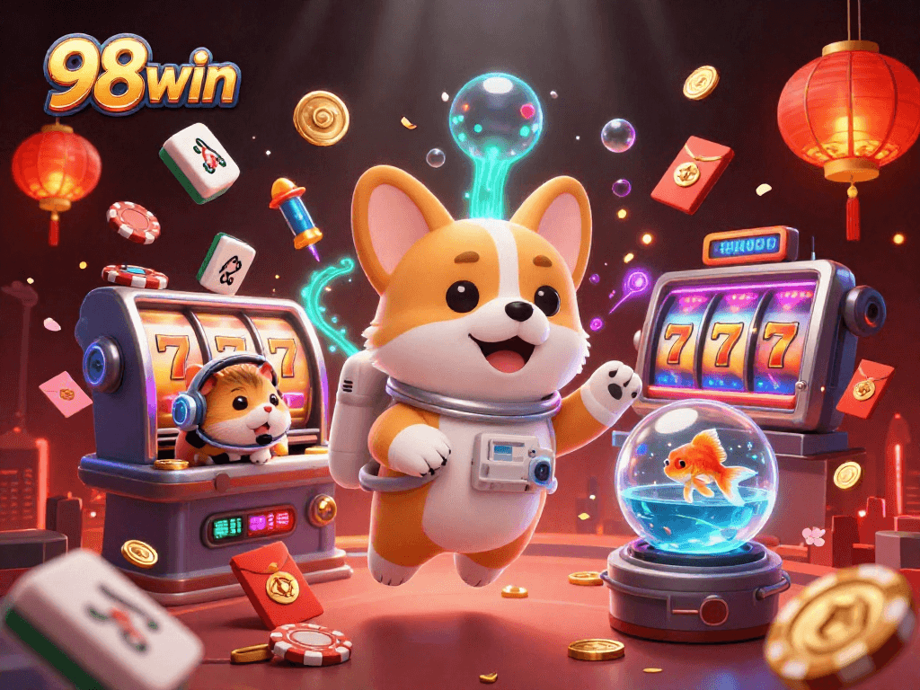 Engage in exhilarating gameplay at 98win with vibrant slot machines and animated casino characters.