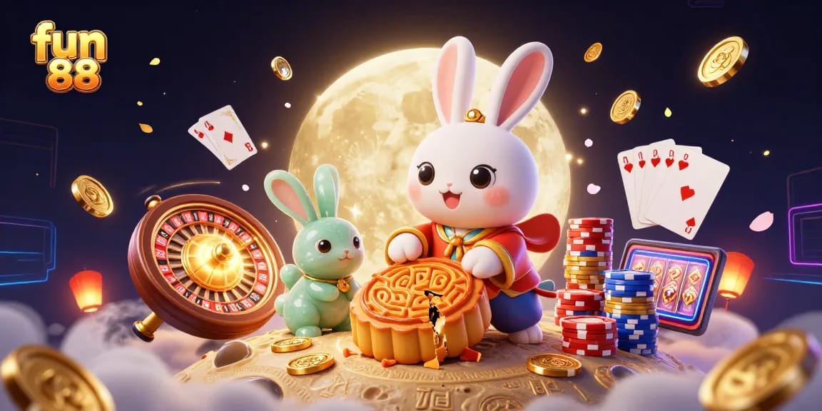 Engage with fun 88 as the moon rabbit celebrates with golden mooncakes and poker chips in a vibrant casino scene.