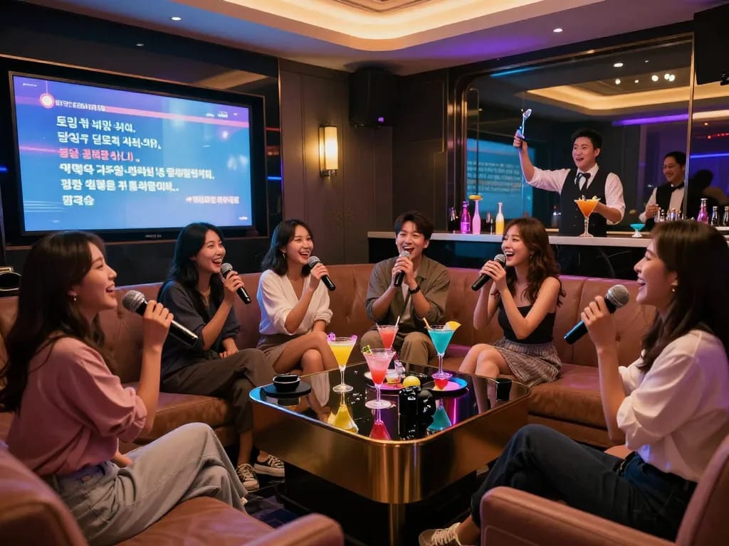 컬러풀한 분위기에서 친구들과 함께 강남달토에서 활기찬 노래방 밤을 즐기며 칵테일과 오락을 만끽하고 있습니다.