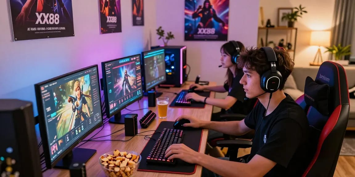 Exciting online gaming scene showcasing players engaging with XX88's interactive platform, vibrant decor, and high-tech gear.