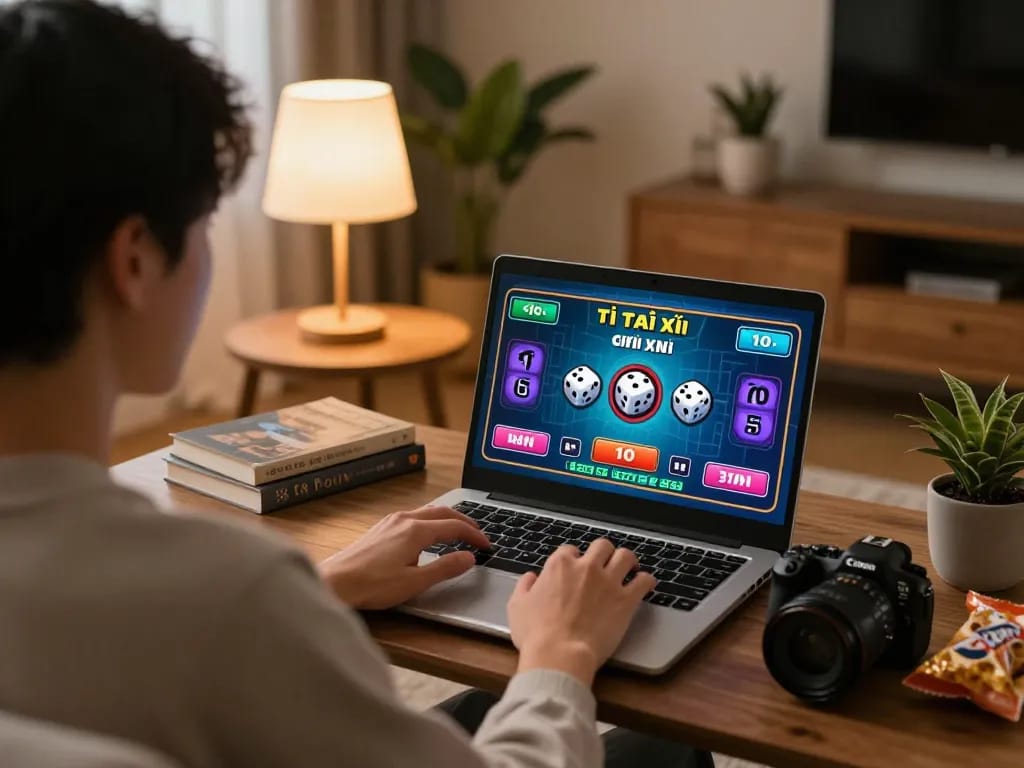Playing tài xỉu online from the comfort of home with a laptop and dice results on screen