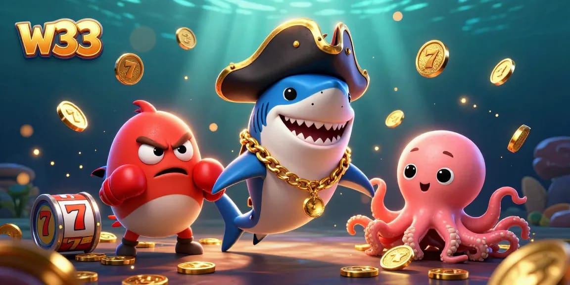 Experience thrilling slot action at w33 with cartoon characters celebrating wins and playing exciting games!