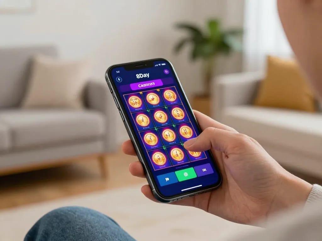 Experience excitement with the 8Day app showcasing engaging slot games in a cozy home setting.