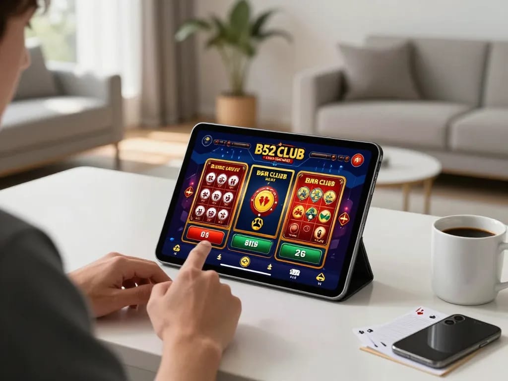 B52 Club player engaging with casino app on tablet in a stylish home gaming setup.