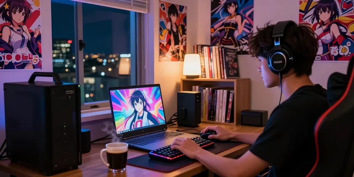 Play a thrilling hentaigame in a cozy gaming setup with ambient lighting and animated visuals.