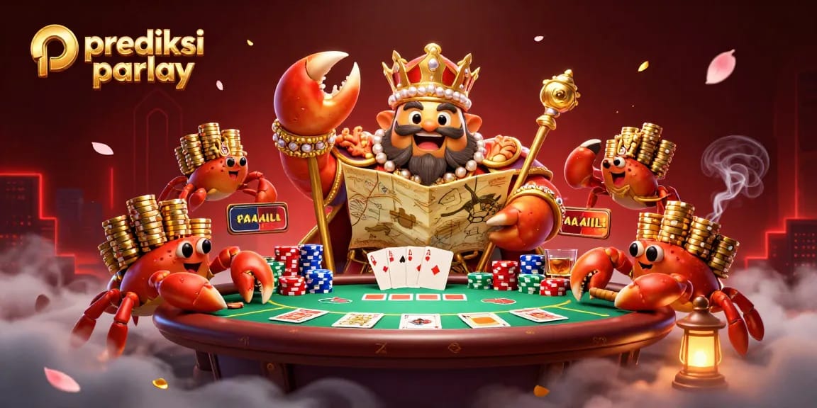 Bet on prediksi parlay with a 3D golden crab emperor holding treasures at a poker table.
