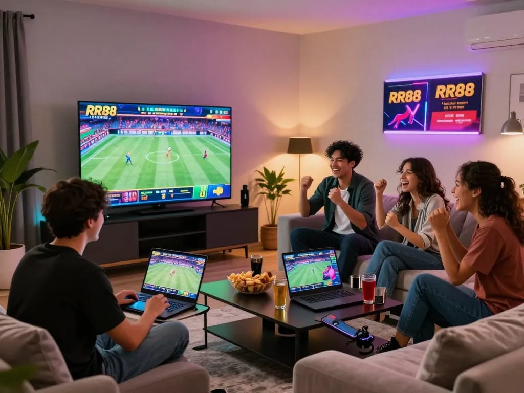 Friends enjoying gaming and sports betting at trang chủ rr88 in a lively home setting.