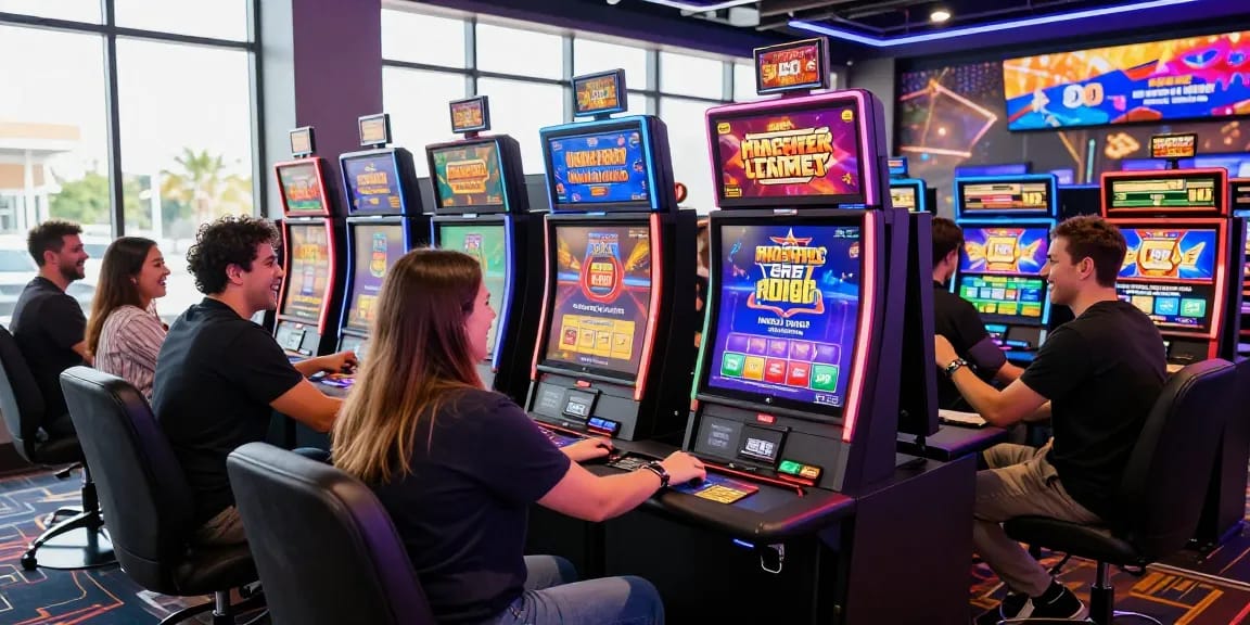Players enjoying games at casinos that accept credit cards, vibrant atmosphere with colorful lights and modern setups.