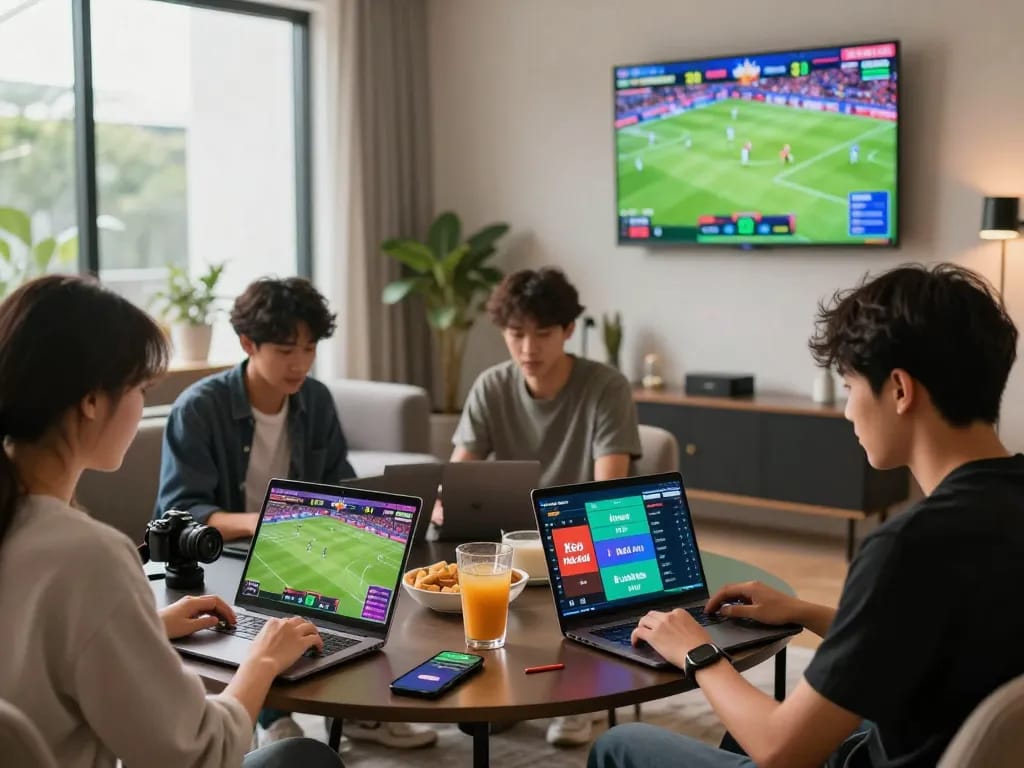 Engaged sports bettors analyzing Keo nha cai odds in a modern gaming lounge.