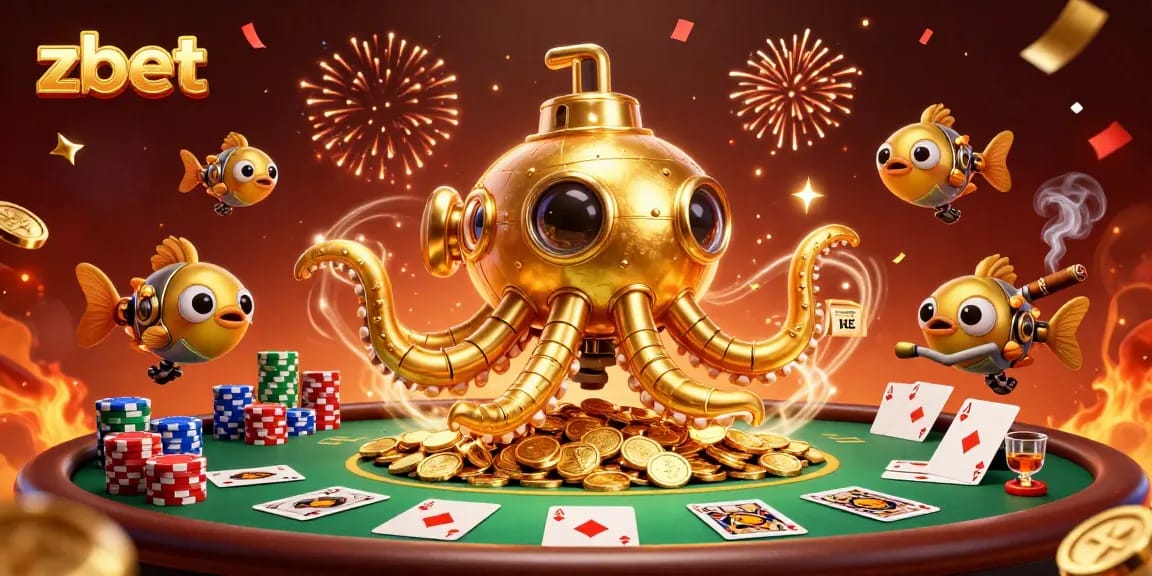 Zbet thrills with a vibrant scene featuring a golden kraken submarine amidst poker excitement.