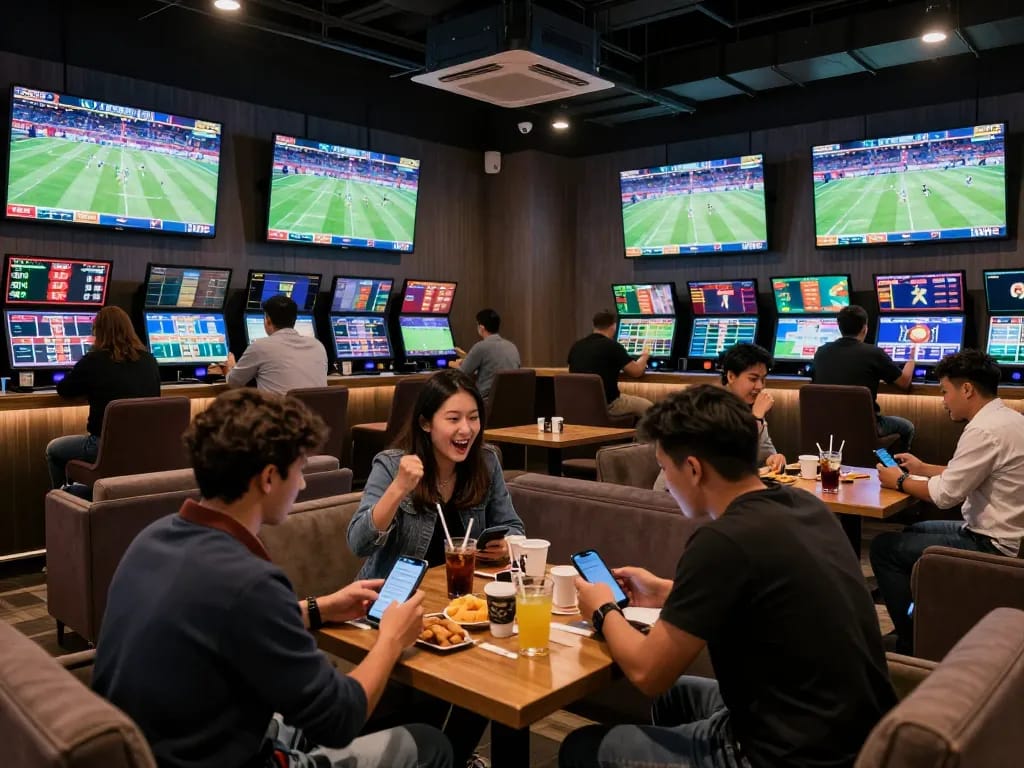 Engaged bettors analyzing kèo nhà cái while cheering for their favorite teams in a modern sports lounge