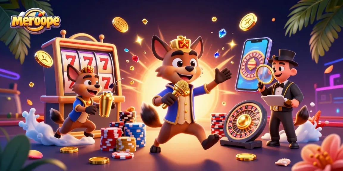 Meroope engages players in a vibrant casino scene with hyenas, lucky 7 slot reels, and colorful poker chips.