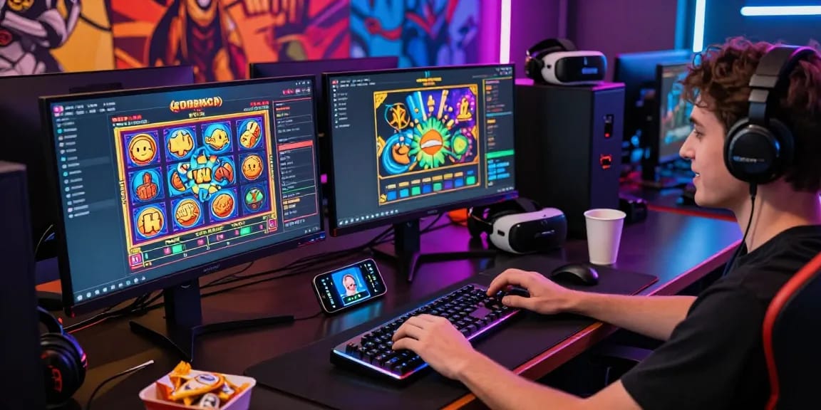 Player enjoying slot deposit 1k gaming in an exciting home setup with dynamic lighting and multiple screens.