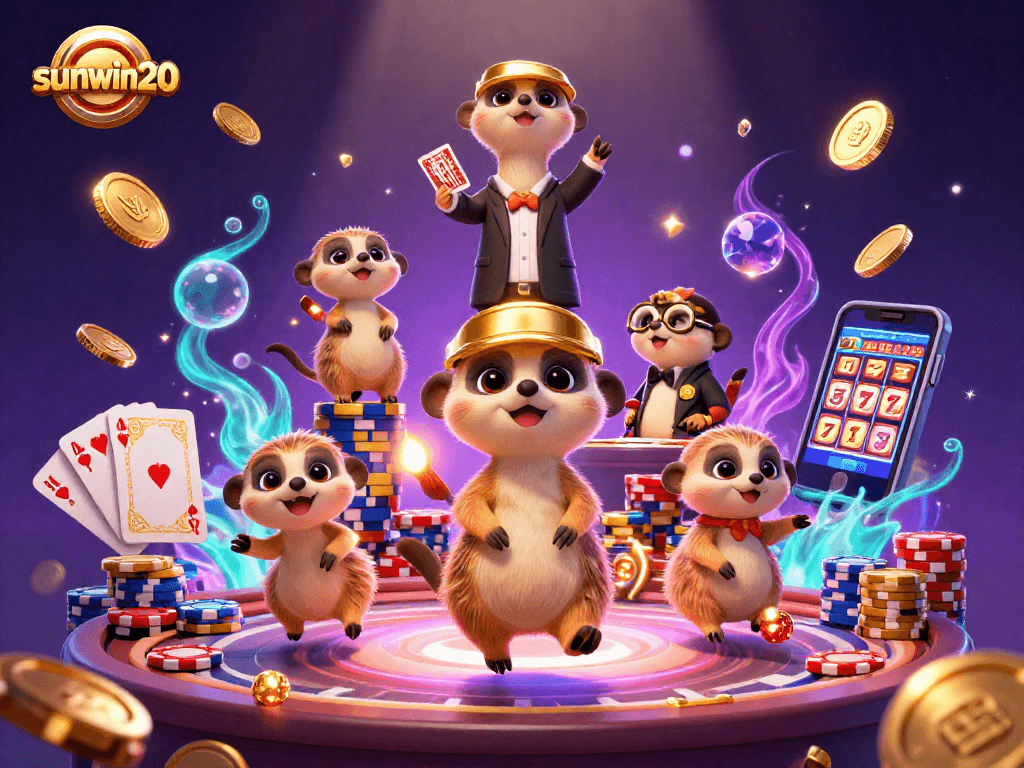 Experience excitement at sunwin20 with meerkats operating an elaborate casino, featuring golden coins and vibrant game elements.