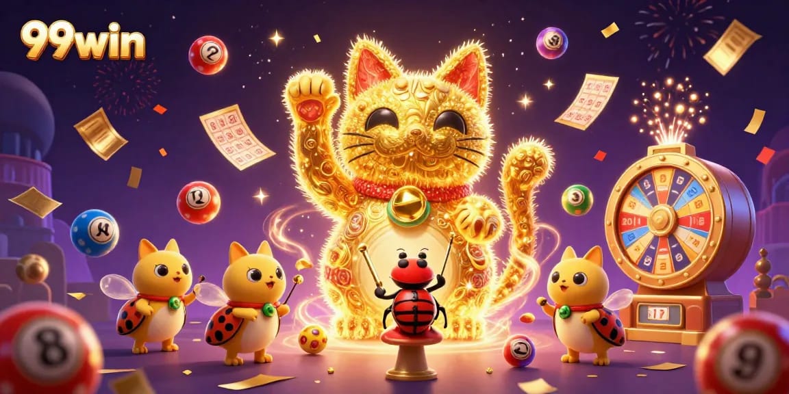 Experience excitement with 99win's dynamic lottery and casino celebration illustration.