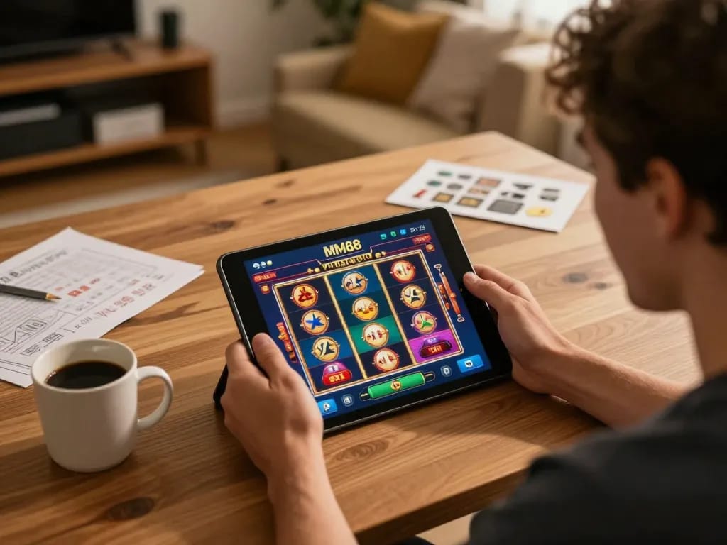 Player enjoying the MM88 app for online casino gaming, focusing on dynamic slot games and strategy notes.