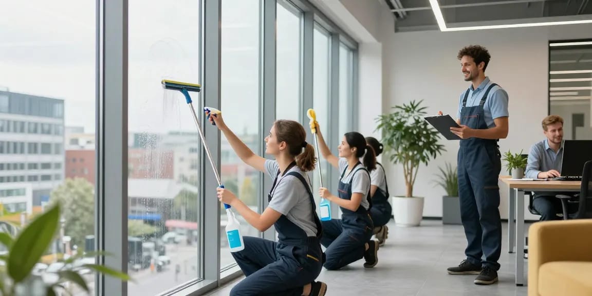 Professionelles Reinigungsteam der Putzfirma Dortmund bei der Fensterreinigung in einem modernen Büro.