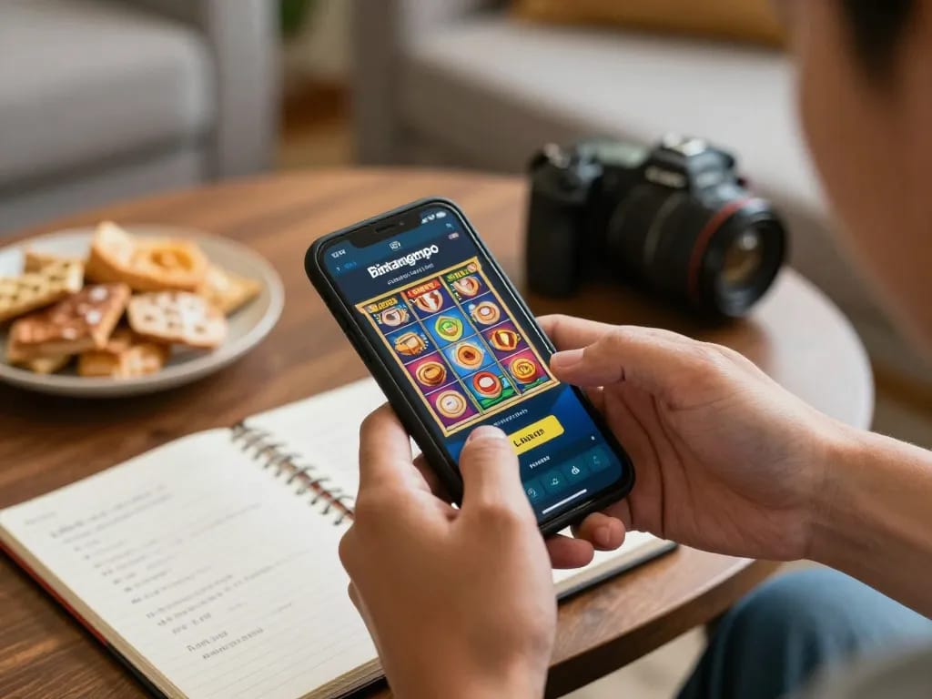 Pengguna Bintangmpo merencanakan strategi dengan smartphone sambil menikmati permainan online di rumah