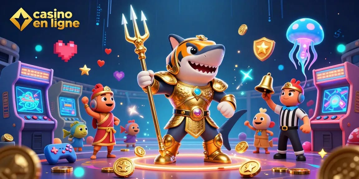 Activités au casino en ligne avec un poisson-tigre et un requin dans une scène animée.