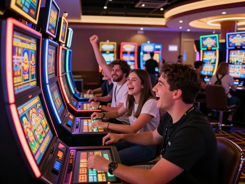Players enjoying vibrant slot machines at gg88 com, celebrating wins in an exciting casino atmosphere.
