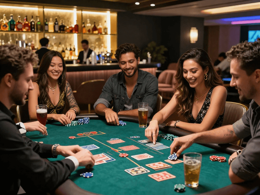 Scene di gioco in un casinò non AAMS sicuri con giocatori sorridenti e atmosfera vivace.