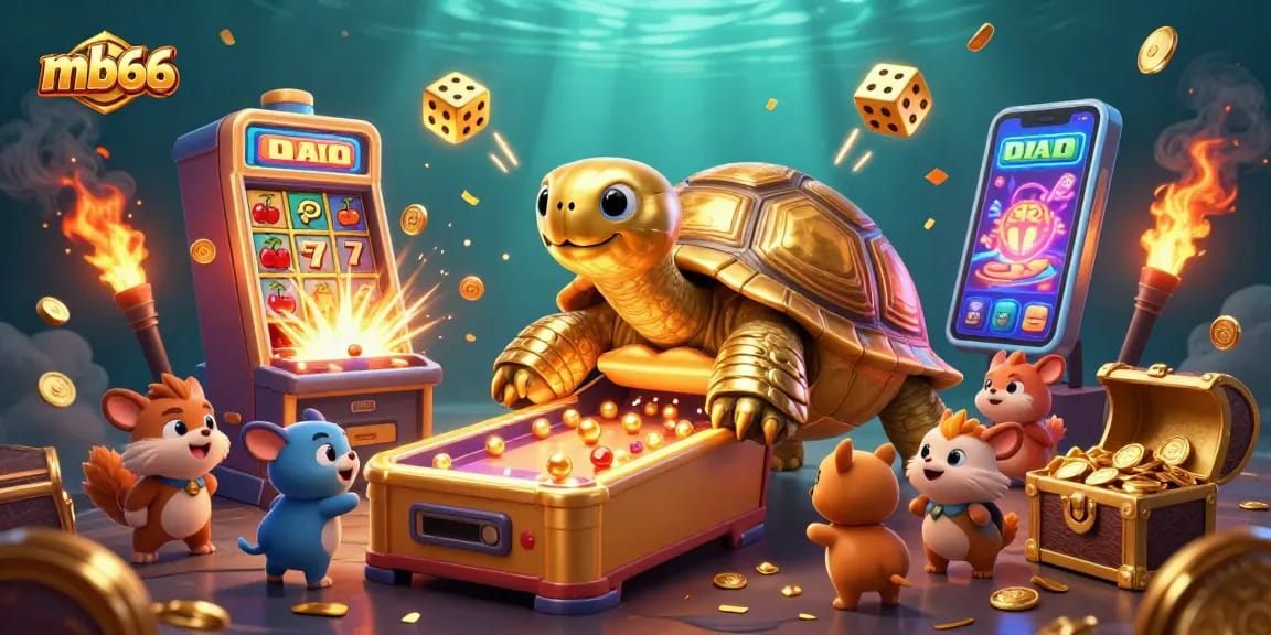Spin the reels and win with mb66's captivating golden tortoise and dynamic slot machine scene.