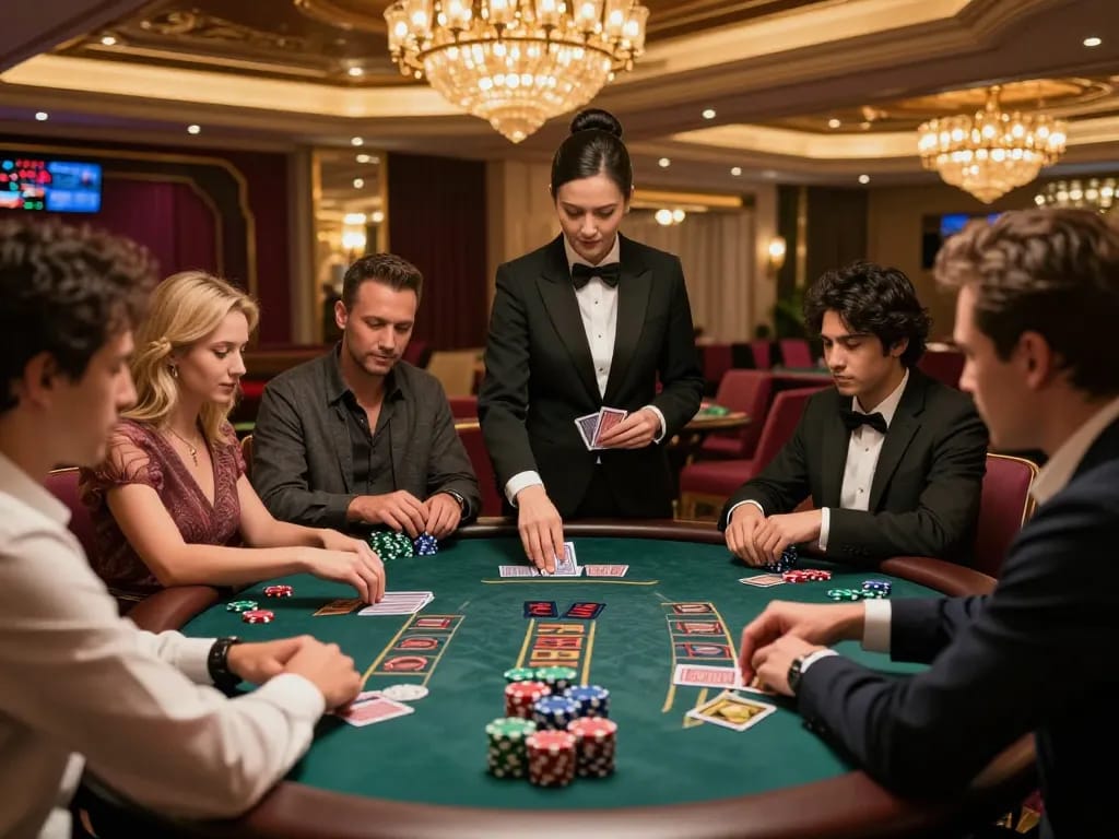 Players engaging in a thrilling game of blackjack at XX88 casino, featuring an upscale ambiance and intense focus.