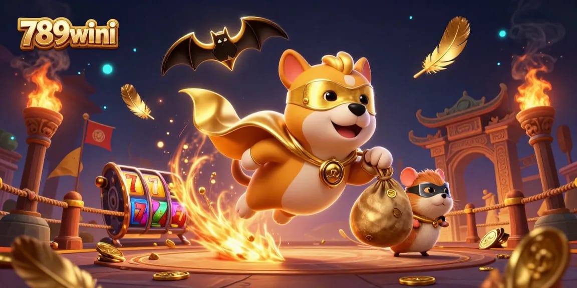 789wini superhero dog flies with gold coins and slot reels in thrilling casino scene.