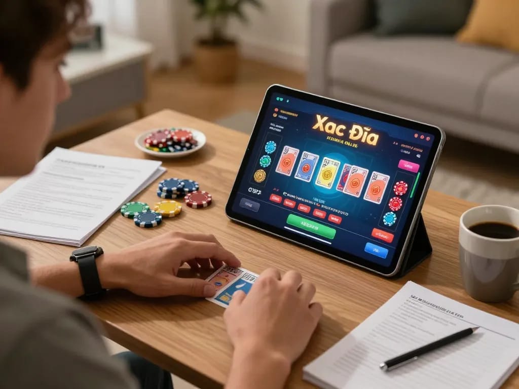 Xóc Đĩa Online gameplay in action on a tablet at a cozy home setup, showcasing strategic thinking with vibrant game interface.
