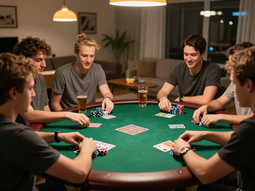 Friends engaged in an exciting poker game at home, showcasing the strategic environment of O8.
