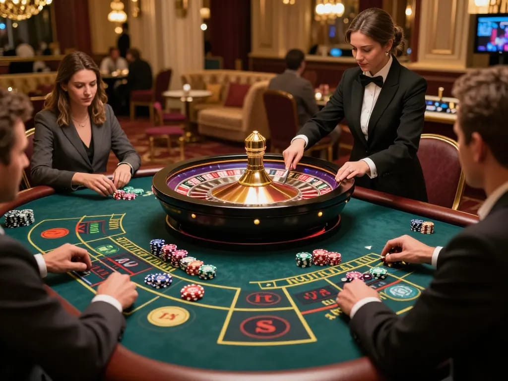 Players engaging at a lively roulette table in an upscale casino showcasing the excitement of 9bet gaming