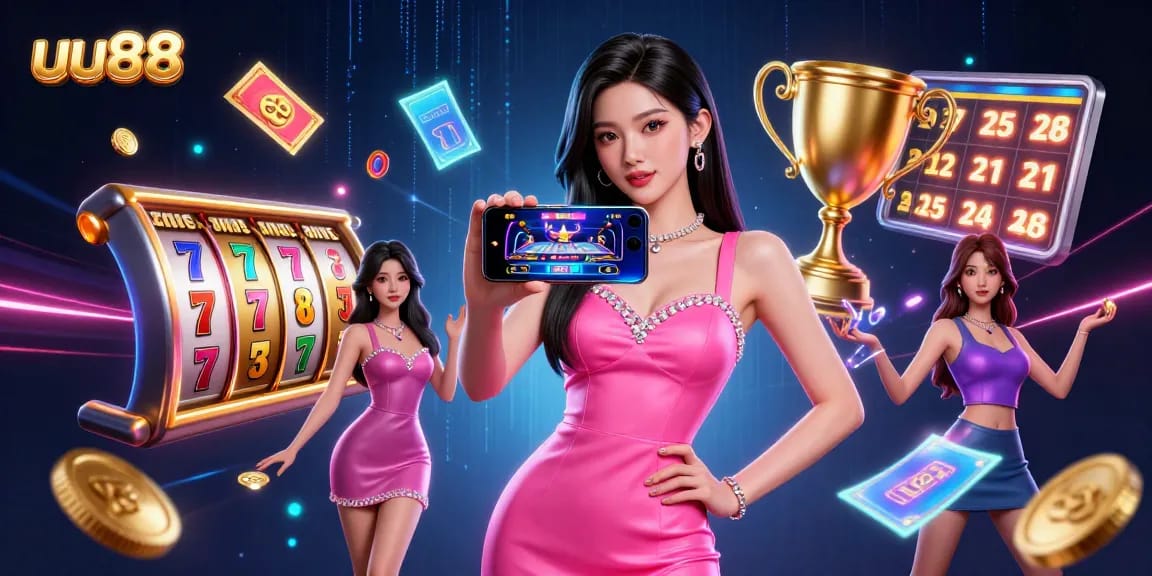 Experience thrilling gameplay at uu88 with a stunning Asian woman showcasing live dealer casino gaming on her smartphone